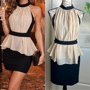 Mystic Halter Peplum Cocktail Dress Black Beige Sz L